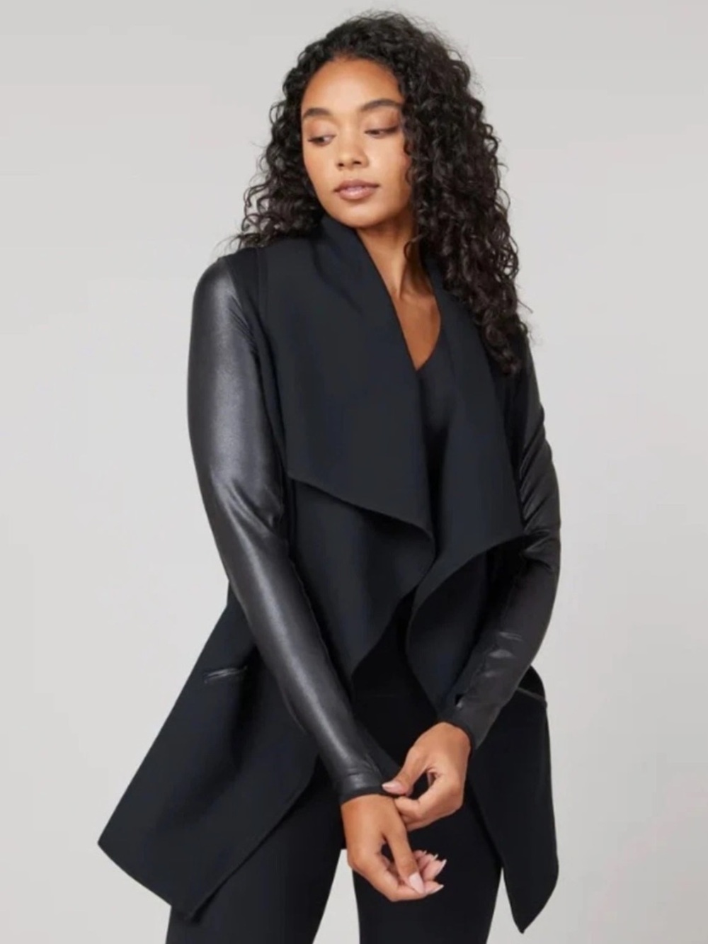 SPANX Point Drape-Front Black Faux Leather Trench Style Coat Blazer Size Small